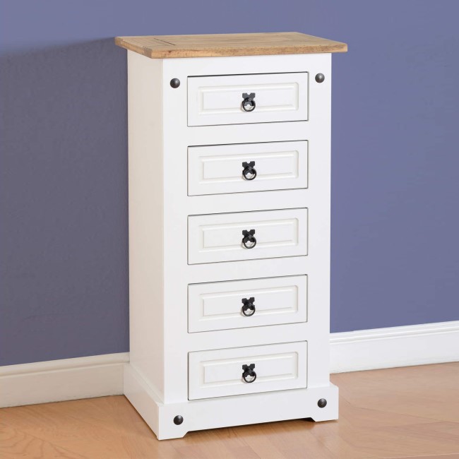 Seconique Corona White 5 Drawer Narrow Chest of Drawers
