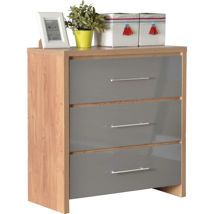 Seconique Seville 3 Drawer Chest in Light Oak/Grey High Gloss