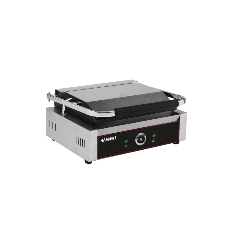 Hamoki PG-MA Single Large Bistro Contact Grill Ribbed Top and Bottom Plate. 13 amp Plug In Panini Grill