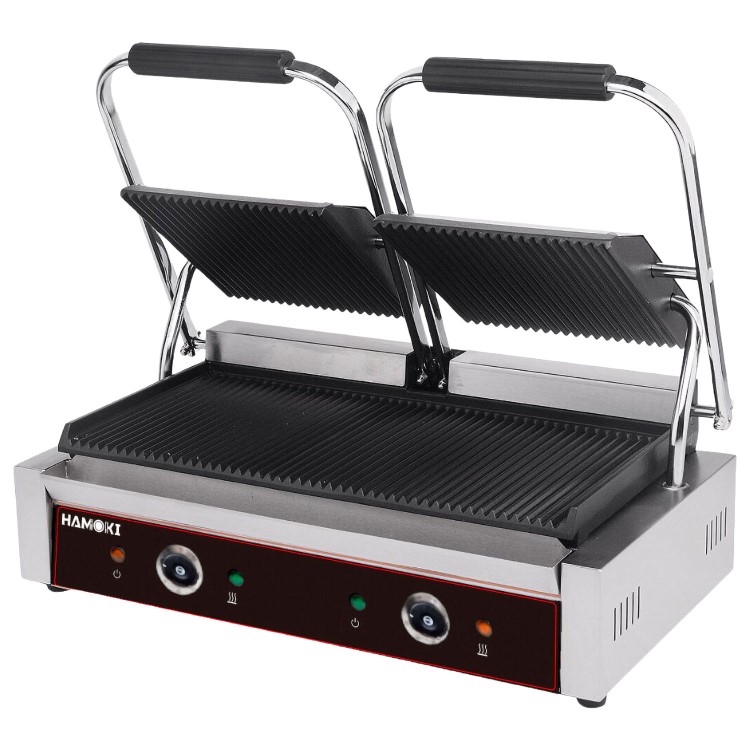Hamoki PG-25A Twin Contact Grill Ribbed Top and Bottom Plates. 2 x 13 amp Plug In Panini Grill