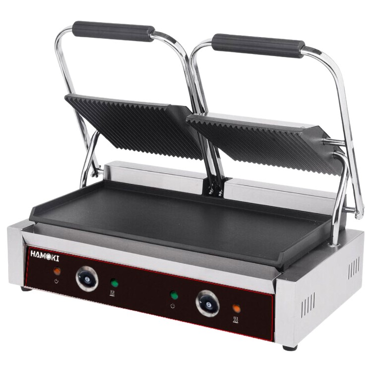 Hamoki PG-25C Twin Contact Grill Ribbed Top And Flat Bottom Plates 2 x 13amp Plug In Panini Grill