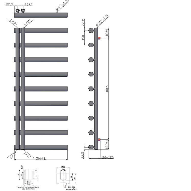 GRADE A1 - Mayfair Anthracite Heated Towel Rail - 1245 x 500mm