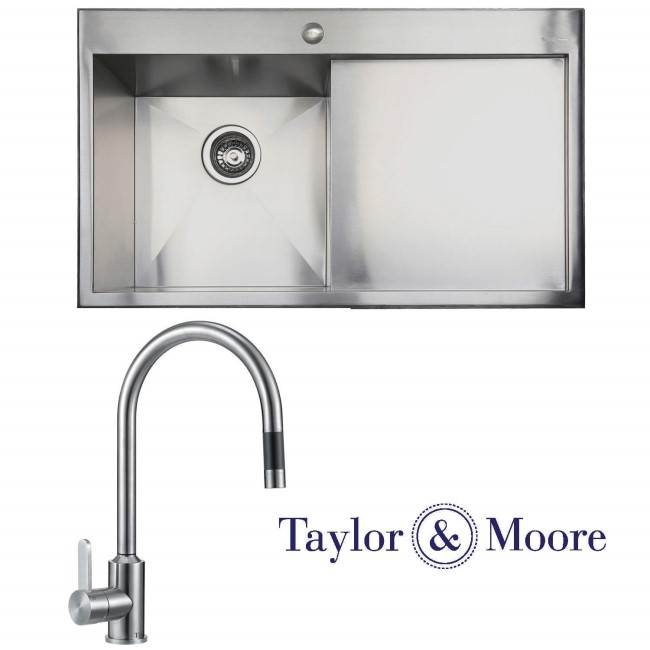 Taylor & Moore Charles Inset Right Hand Drainer 1 Bowl Stainless Steel Sink & Eden Stainless Tap Pack