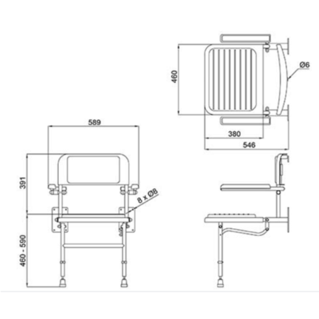 GRADE A1 - Grey Wall Mounted Folding Shower Seat With Arms - Nymas