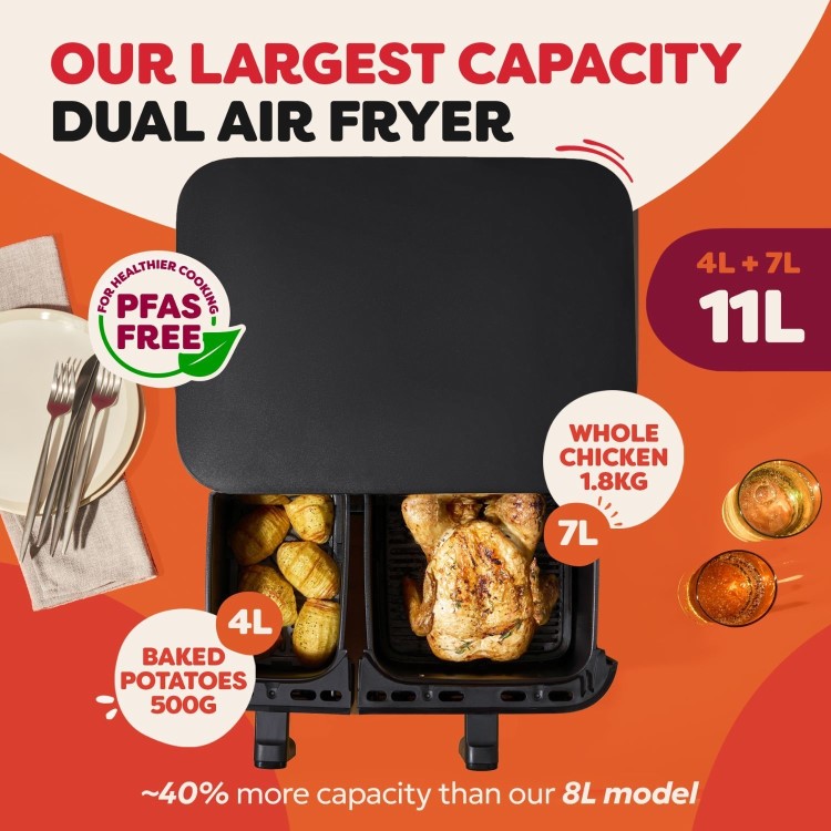 Instant Pot Dual Vortex Air Fryer PFAS Free Large 11L Twin 7L and 4L Baskets 8-in-1 Dehydrate Grill Bake Roast Reheat Non-Stick Easy Clean Dishwasher Safe Stainless Steel