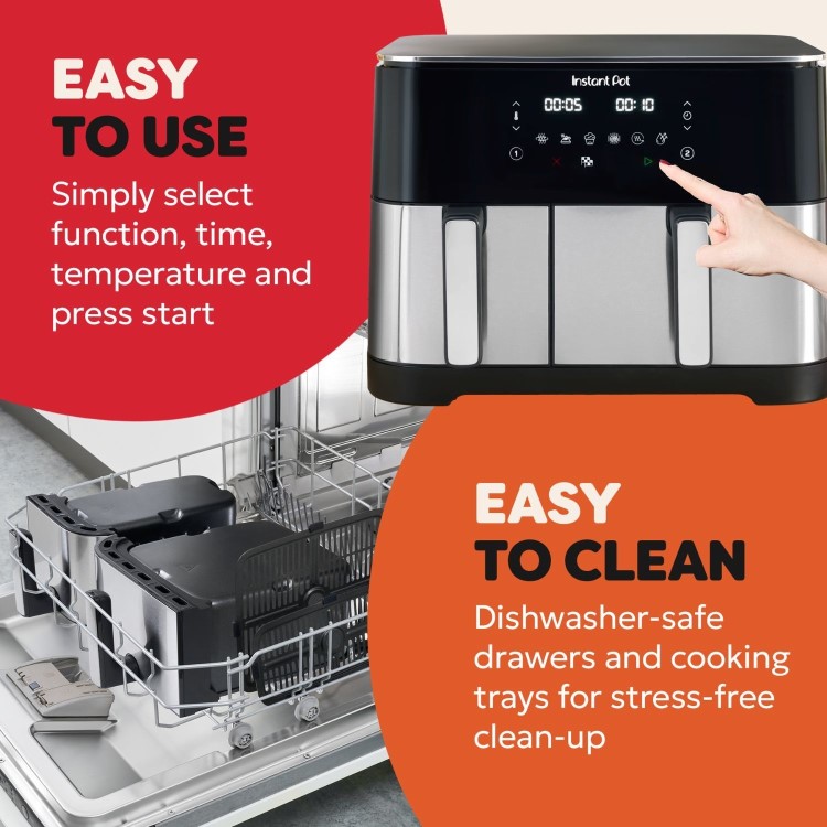Instant Pot Dual Vortex Air Fryer PFAS Free Large 11L Twin 7L and 4L Baskets 8-in-1 Dehydrate Grill Bake Roast Reheat Non-Stick Easy Clean Dishwasher Safe Stainless Steel