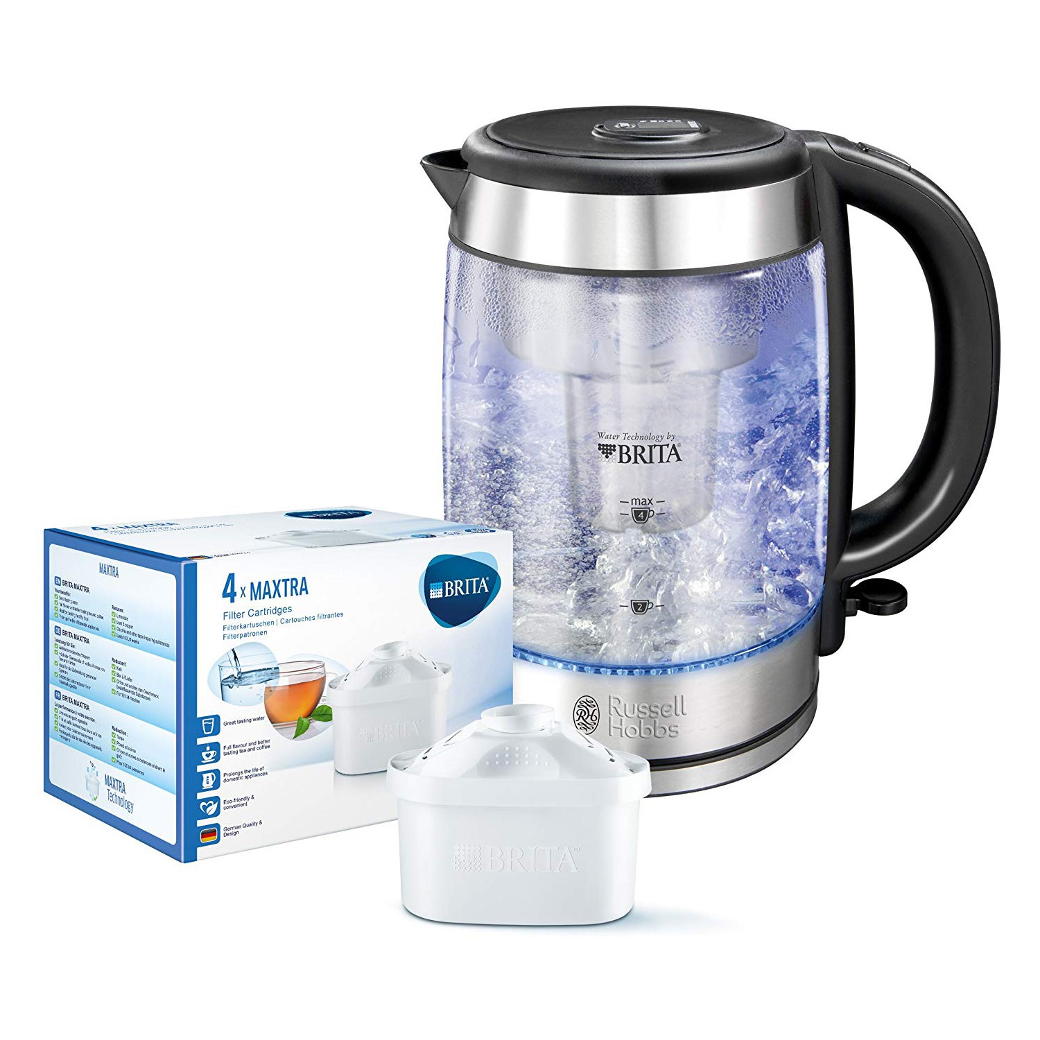 russell hobbs purity brita water filter kettle with blue light illumination