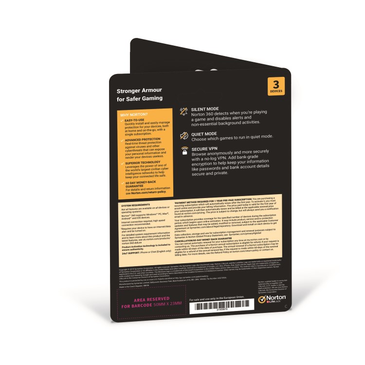 Norton 360 Deluxe Gaming Internet Security & VPN - 3 Devices - 12 Month Subscription