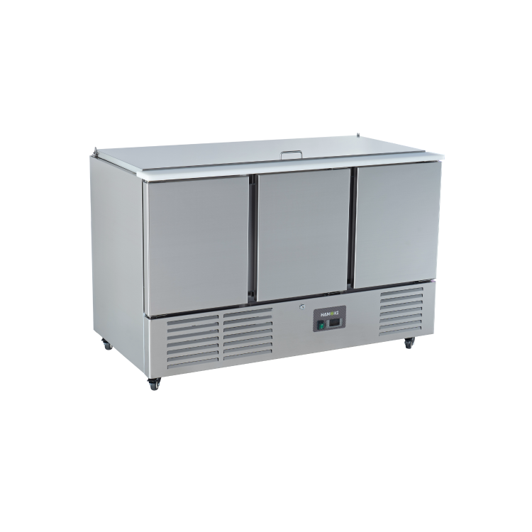 Refurbished Hamoki S903 3 Door Refrigerated Salad Prep Counter 4 x 1/1 GN Top Stainless Steel Lid And Polyethylene Cutting Board 346ltr