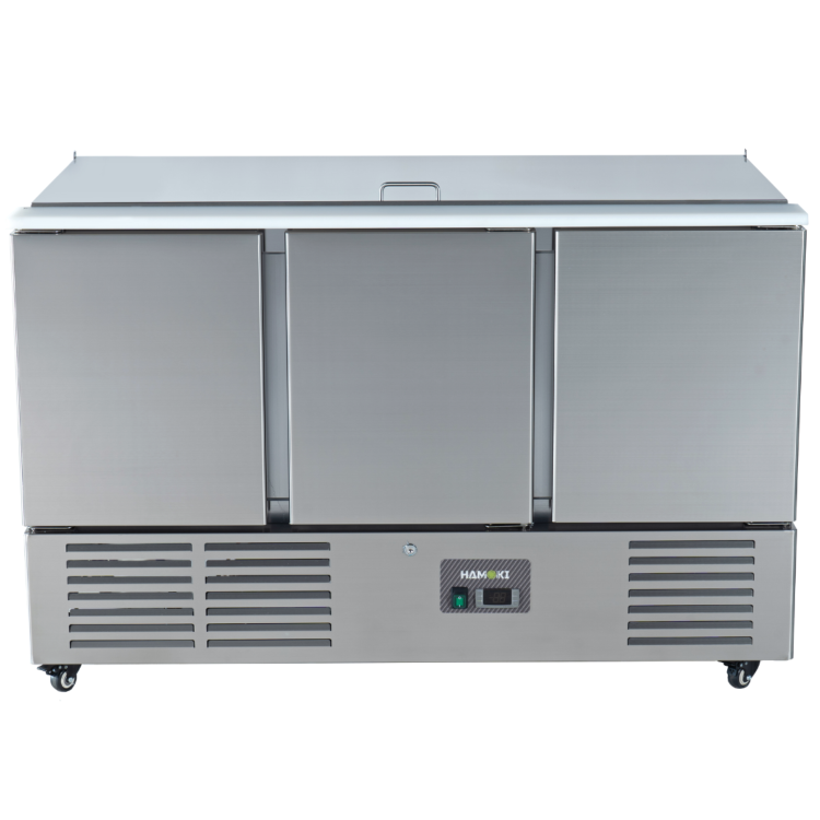 Refurbished Hamoki S903 3 Door Refrigerated Salad Prep Counter 4 x 1/1 GN Top Stainless Steel Lid And Polyethylene Cutting Board 346ltr