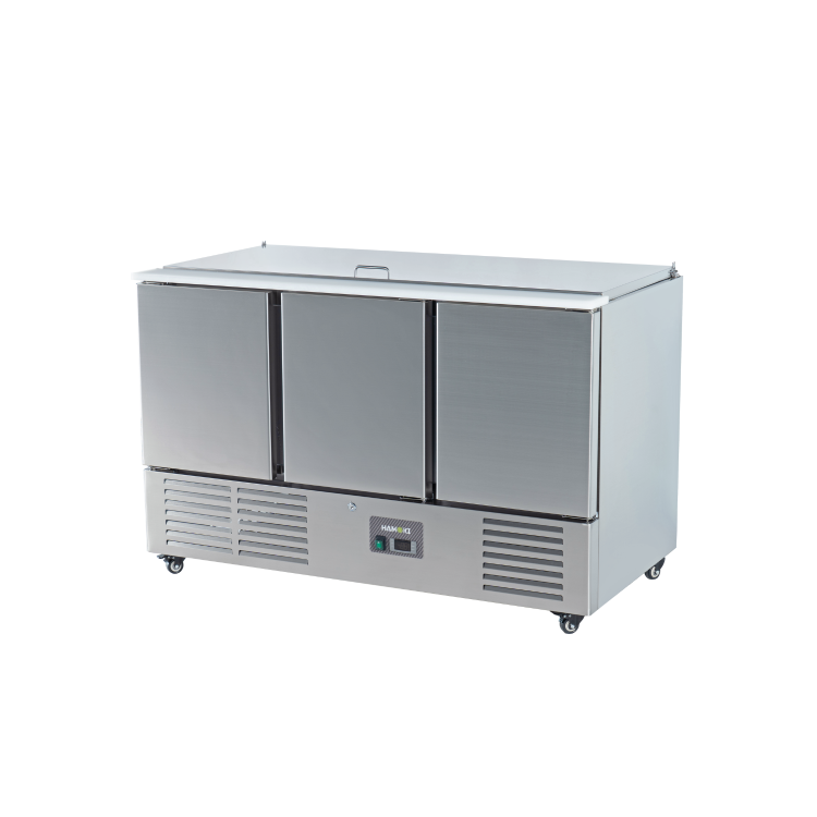 Refurbished Hamoki S903 3 Door Refrigerated Salad Prep Counter 4 x 1/1 GN Top Stainless Steel Lid And Polyethylene Cutting Board 346ltr