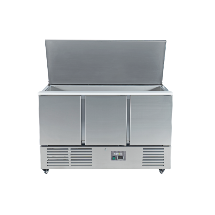 Refurbished Hamoki S903 3 Door Refrigerated Salad Prep Counter 4 x 1/1 GN Top Stainless Steel Lid And Polyethylene Cutting Board 346ltr