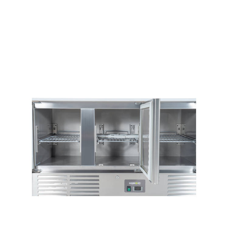 Refurbished Hamoki S903 3 Door Refrigerated Salad Prep Counter 4 x 1/1 GN Top Stainless Steel Lid And Polyethylene Cutting Board 346ltr