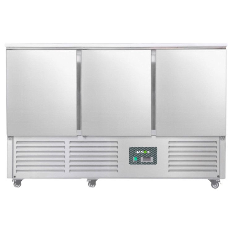 Refurbished Hamoki S903SSTOP 3 Door Refrigerated Prep Counter With Solid Stainless Steel Top 346ltr