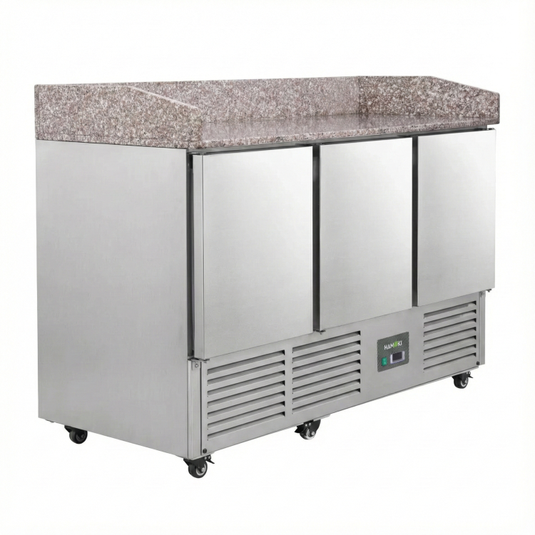 Refurbished Hamoki PZ903 - 3 Door Refrigerated Pizza Prep - Saladette Counter with Granite Worktop and Castors - 346ltr