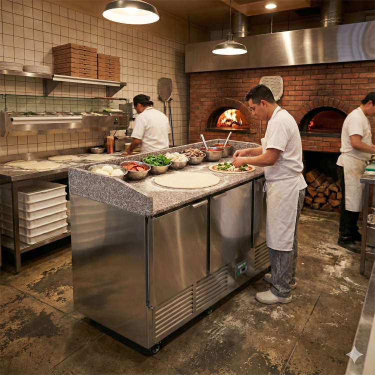 Refurbished Hamoki PZ903 - 3 Door Refrigerated Pizza Prep - Saladette Counter with Granite Worktop and Castors - 346ltr