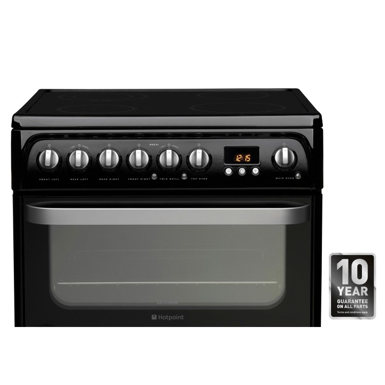 Refurbished Hotpoint Ultima HUE61K 60cm Double Oven Electric Cooker With Ceramic Hob Black