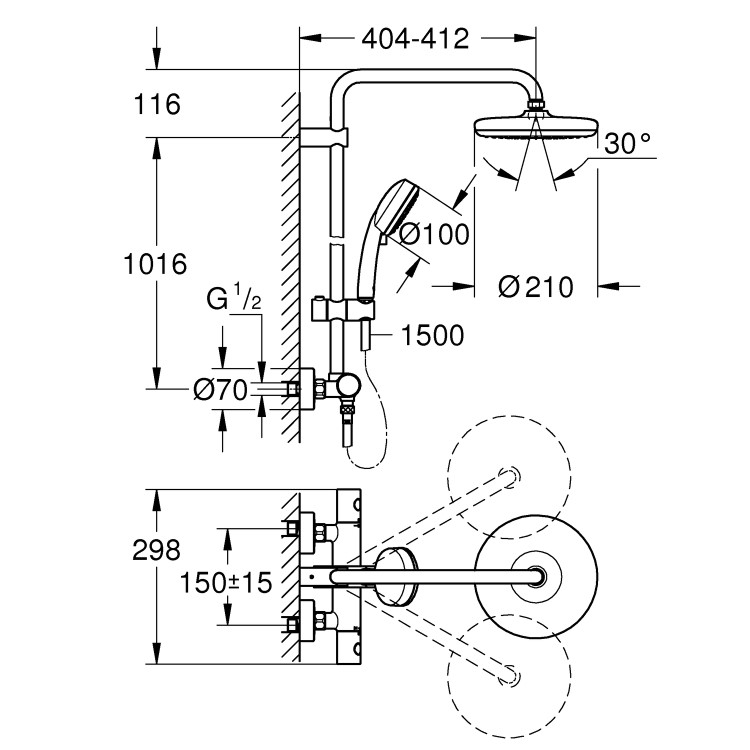Grohe Tempesta Cosmopolitan 210 Thermostatic Mixer Bar Shower with Round Overhead & Handset