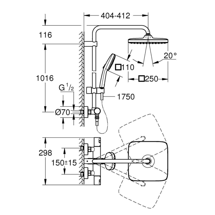 ONLY OPENED - GROHE QuickFix Vitalio Comfort 250 Shower System with Thermostat Wall Mounting