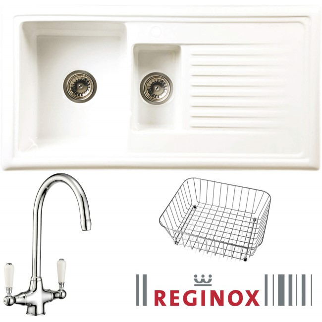 Reginox RL301CW/CWB15/ELBE RL301 Reversible 1.5 Bowl White Ceramic Sink & Elbe Chrome With White Levers Tap Pack