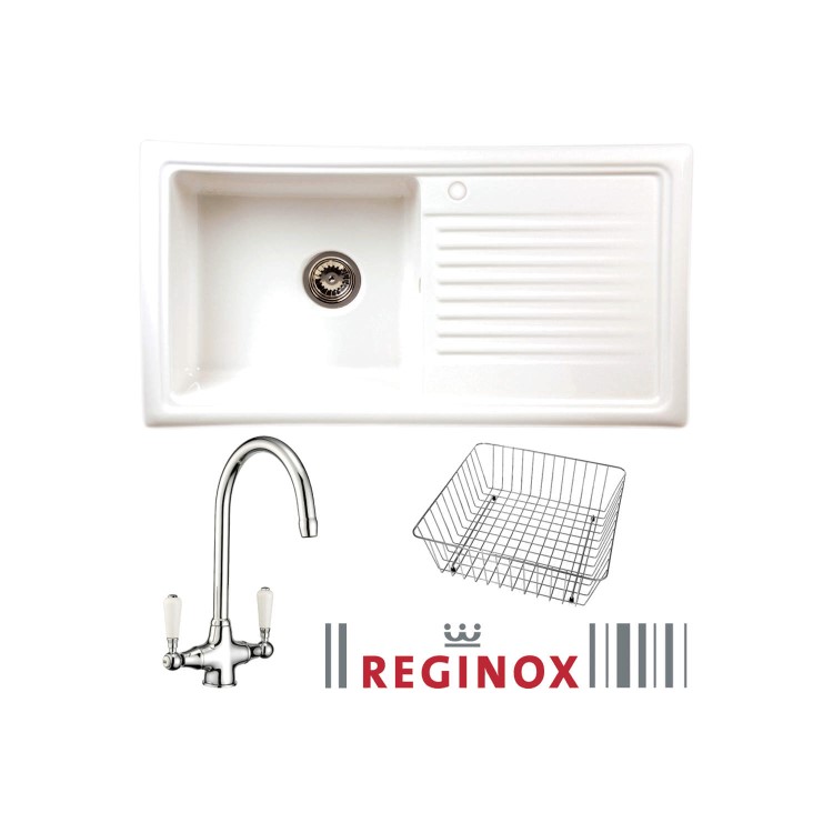 Reginox RL304CW/CWB10/ELBE RL304 Reversible 1 Bowl White Ceramic Sink & Elbe Chrome With White Levers Tap Pack