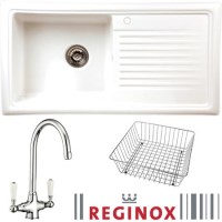 Reginox RL304CW/CWB10/ELBE RL304 Reversible 1 Bowl White Ceramic Sink & Elbe Chrome With White Levers Tap Pack
