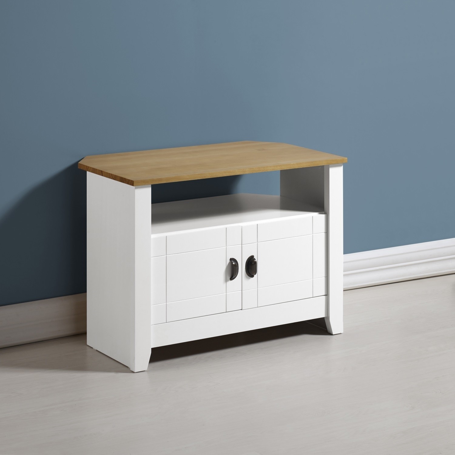 Ludlow Small White TV Stand with Oak Effect Top & Storage TV's up to