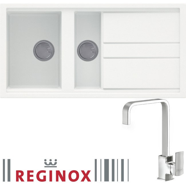 Reginox BEST475W/ASTORIA BEST475 Reversible 1.5 Bowl White Regi-Granite Composite Sink & Astoria Chrome Tap Pack