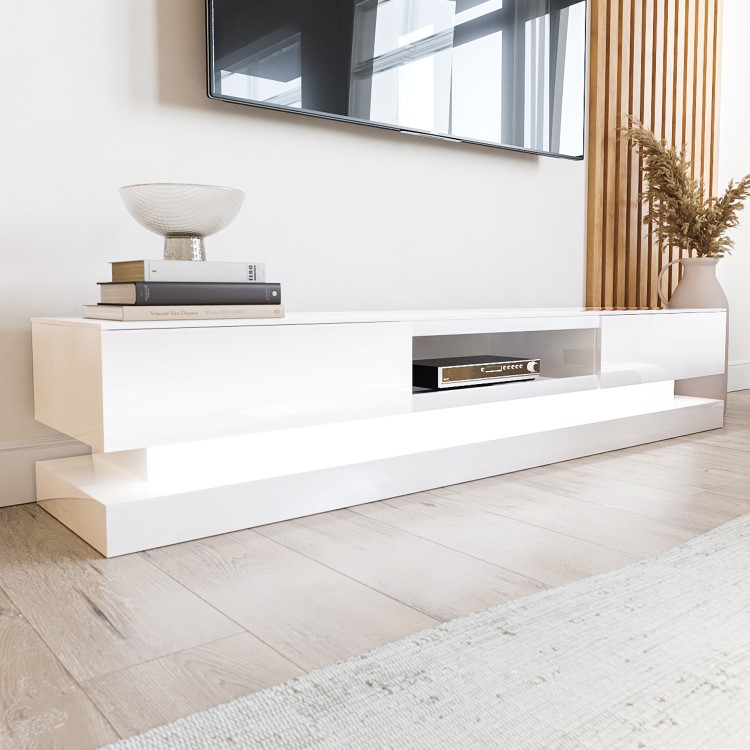 Wide White Gloss TV Stand with Storage & LEDs - TV's up to 70" - Evoque