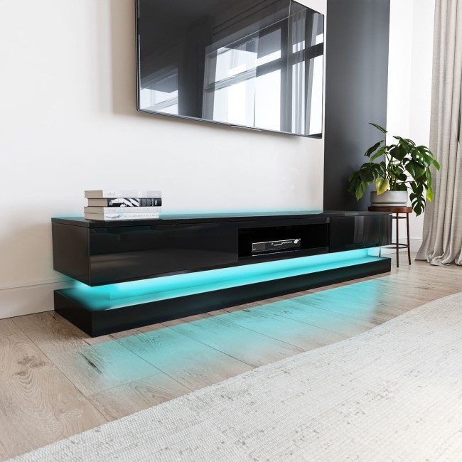 Wide Black Gloss TV Stand with Storage & LEDs - TV's up to 70" - Evoque