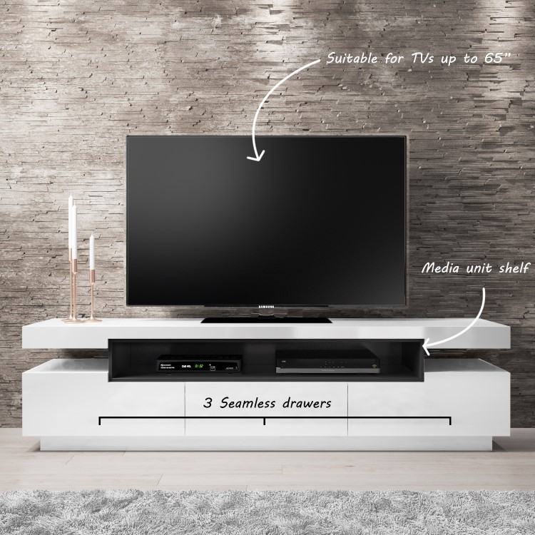 Wide White Gloss TV Stand with Storage - TV's up to 83" - Harlow