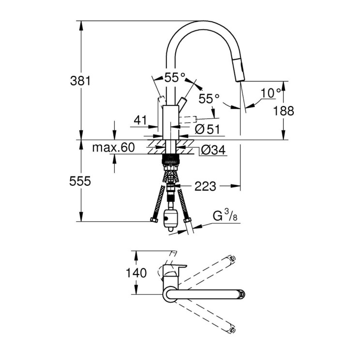 Grohe Feel Single Lever C- Spout Dual Spray Kitchen Mixer Tap - Supersteel