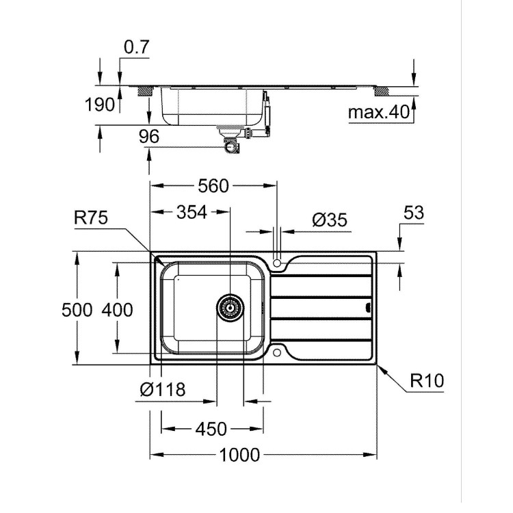 Grohe K500 Single bowl Inset Left or Right Chrome Stainless Steel Kitchen Sink