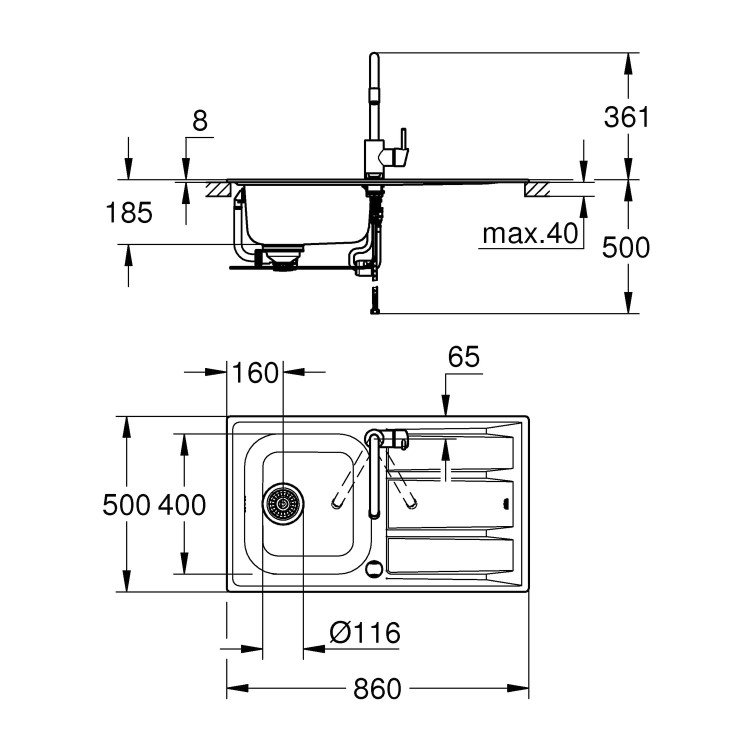 Single Bowl Chrome Stainless Steel Kitchen Sink with Reversible Drainer - Grohe Concetto
