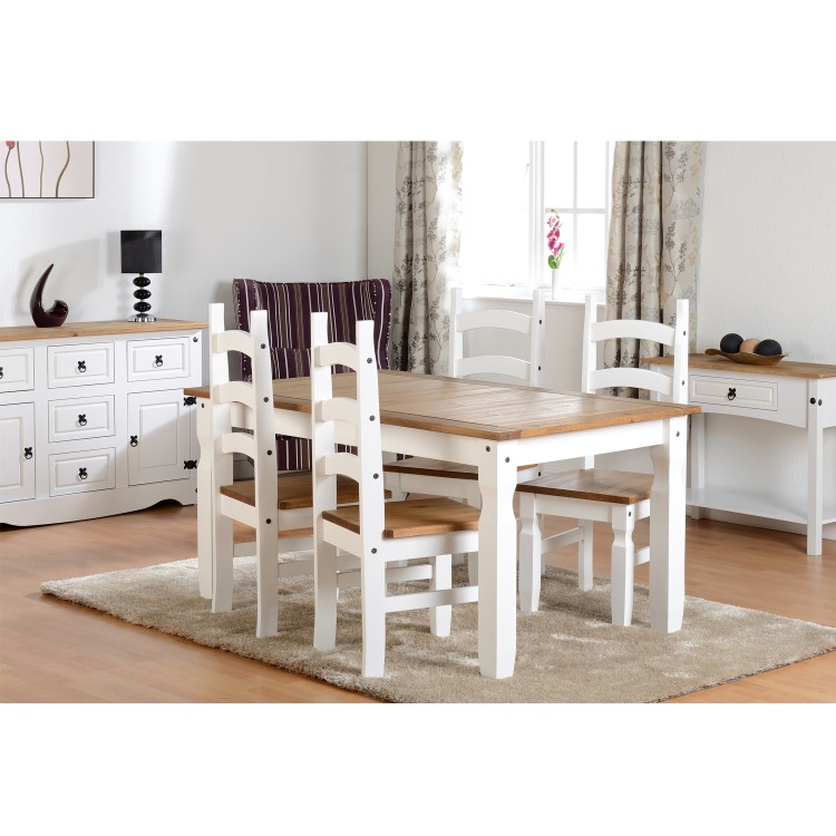Dining Table with 4 Chairs in White & Solid Pine - Corona