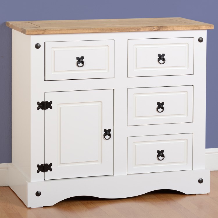 White Sideboard with Pine Top & Black Handles - Corona