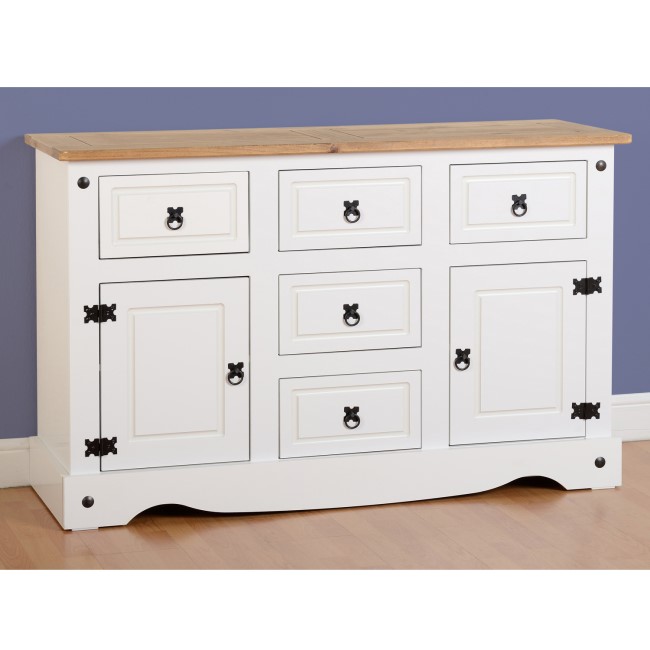 Seconique Corona White Painted Sideboard with 2 Doors & 5 Drawers with Waxed Pine Top