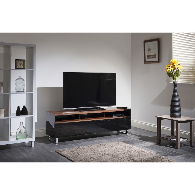 Techlink Panorama PM160W+ Walnut Top with Black Carcass Extended Height to hold a soundbar with IR Friendly Drop Down Doors venitlated cable management 1600mm wide suitable for screens up to 80"