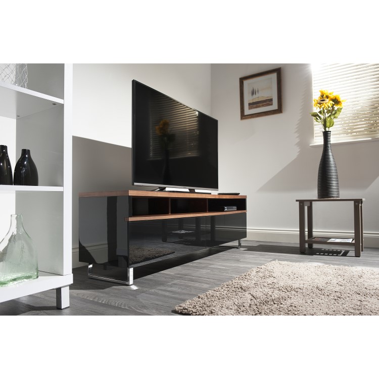 Techlink Panorama PM160W+ Walnut Top with Black Carcass Extended Height to hold a soundbar with IR Friendly Drop Down Doors venitlated cable management 1600mm wide suitable for screens up to 80"