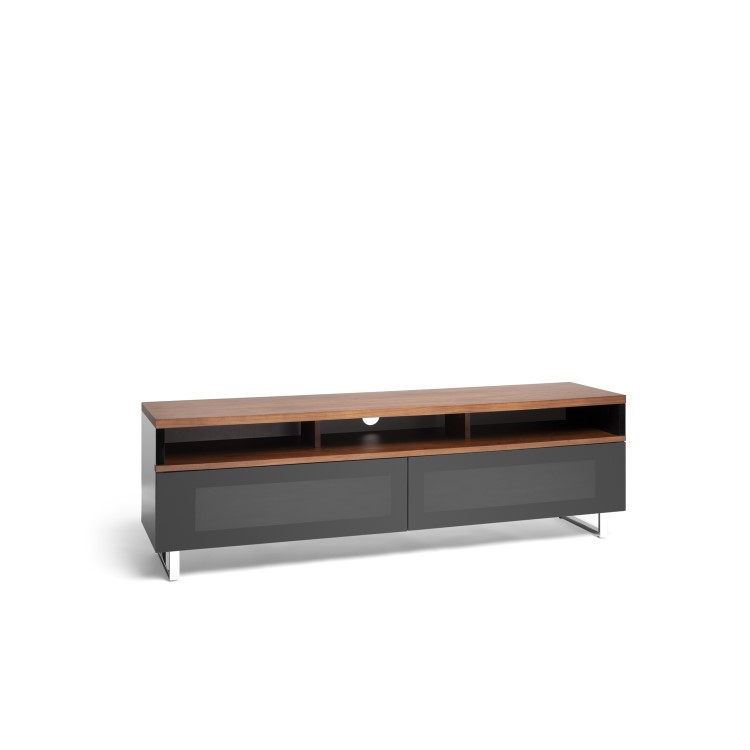 Techlink Panorama PM160W+ Walnut Top with Black Carcass Extended Height to hold a soundbar with IR Friendly Drop Down Doors venitlated cable management 1600mm wide suitable for screens up to 80"