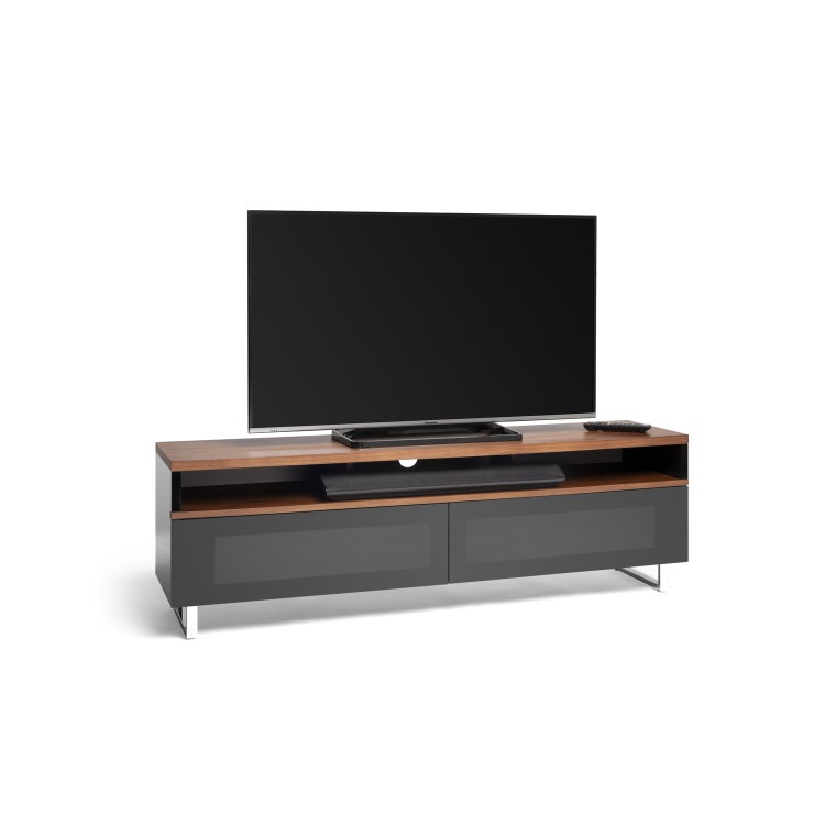 Techlink Panorama PM160W+ Walnut Top with Black Carcass Extended Height to hold a soundbar with IR Friendly Drop Down Doors venitlated cable management 1600mm wide suitable for screens up to 80"