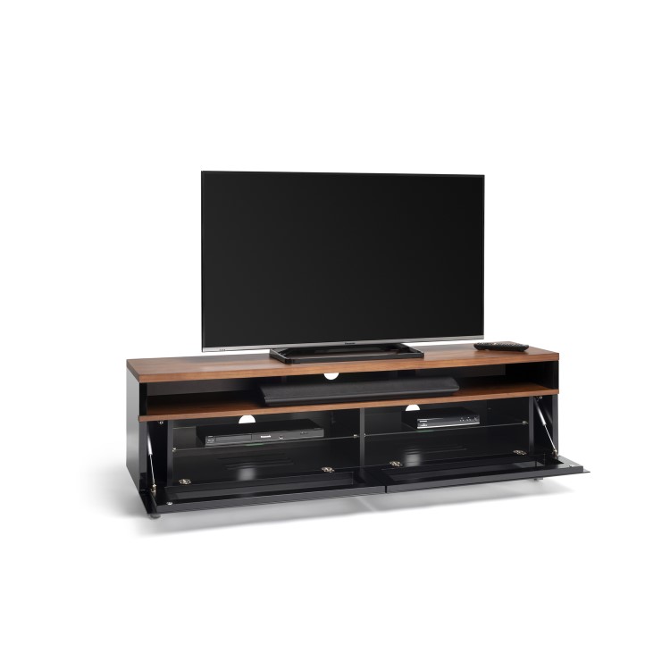 Techlink Panorama PM160W+ Walnut Top with Black Carcass Extended Height to hold a soundbar with IR Friendly Drop Down Doors venitlated cable management 1600mm wide suitable for screens up to 80"