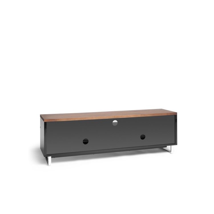 Techlink Panorama PM160W+ Walnut Top with Black Carcass Extended Height to hold a soundbar with IR Friendly Drop Down Doors venitlated cable management 1600mm wide suitable for screens up to 80"