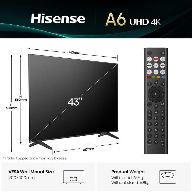 Hisense A6QTUK 43 inch Smart 4K Ultra HD TV