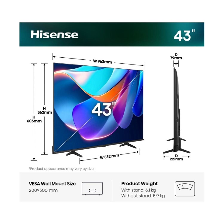 Hisense 43A6STUK 43 Inch 4K Ultra HD Smart TV – HDR Freely Dolby Vision & Dolby Atmos