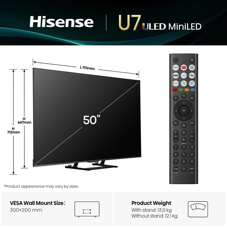 Hisense U7QTUK 50 inch Smart 4K Ultra HD Mini-LED TV