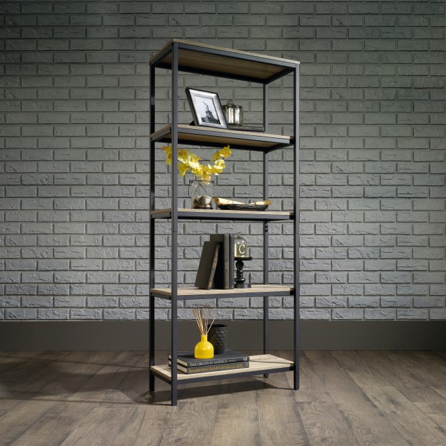 Tall Oak and Black Metal Open Bookcase 