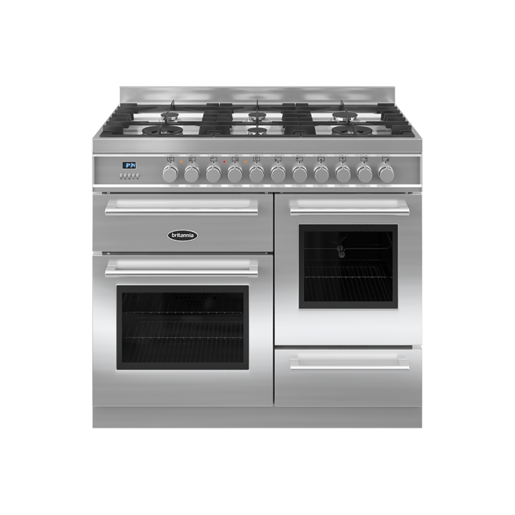 Refurbished Britannia Q Line Modern 100cm Double Oven Dual Fuel Range Cooker Stainless Steel