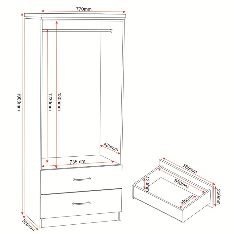 Seconique Charles 2 Door 2 Drawer Wardrobe in Oak