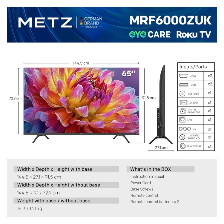Metz 65MRF6000ZUK 65" 4K UHD Smart TV – DLED Roku OS & Freely